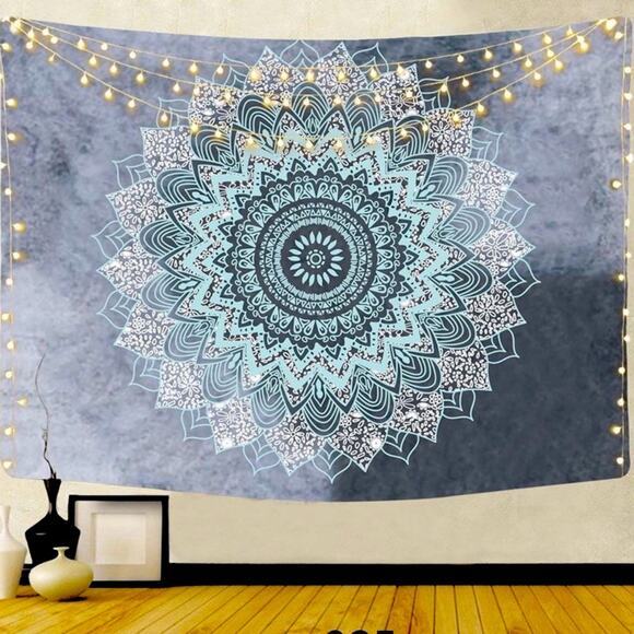 URBAN OUTFITTERS Boho Mandala Grey and Blue Geometric Tapestry Wall Hanging - Picture 2 of 5